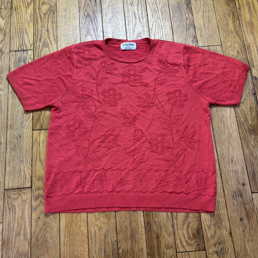 Alfred Dunner Red Floral Embroidered Short Sleeve Knit Sweater Vintage Large USA